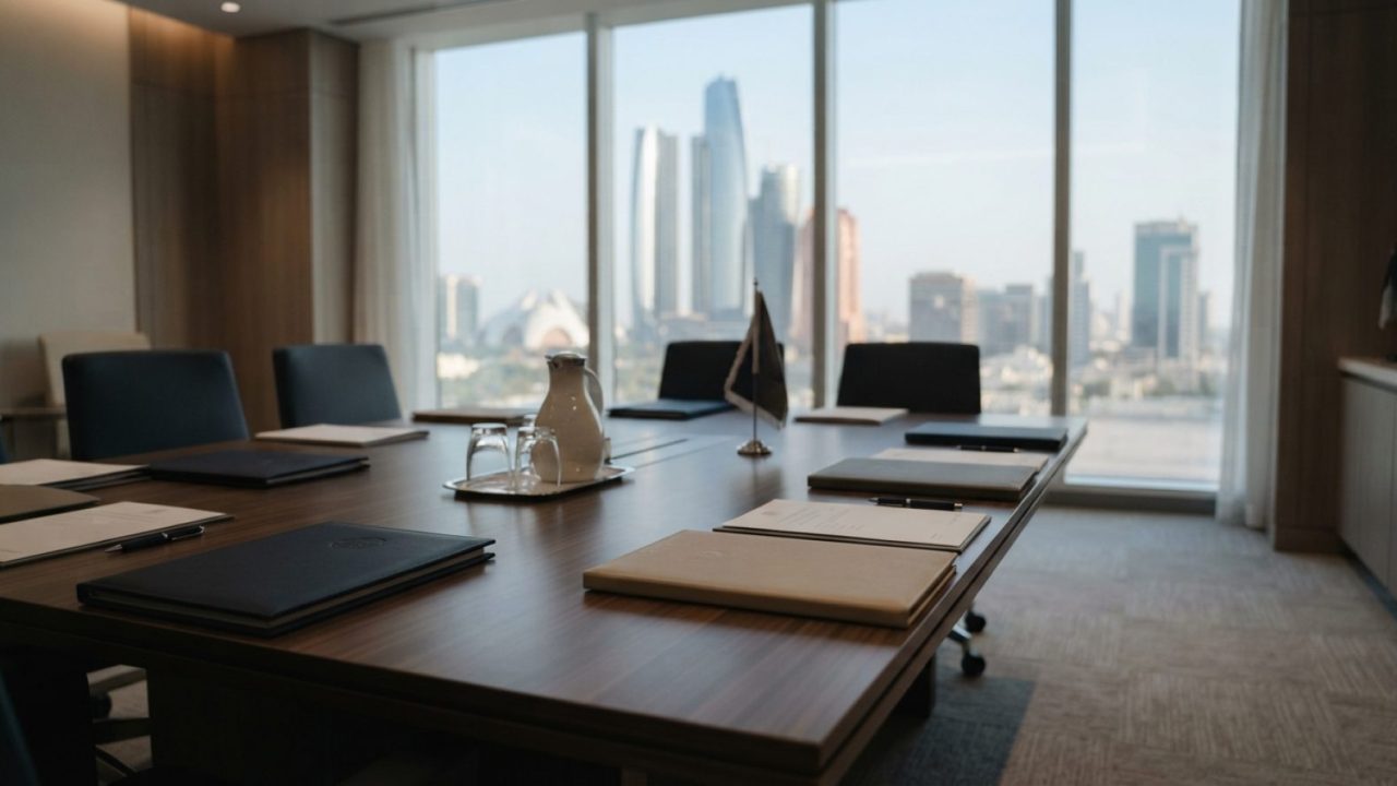 Illustration: A modern commercial conference room table with financial charts and official foreign investment dossier folders in a Middle Eastern mini