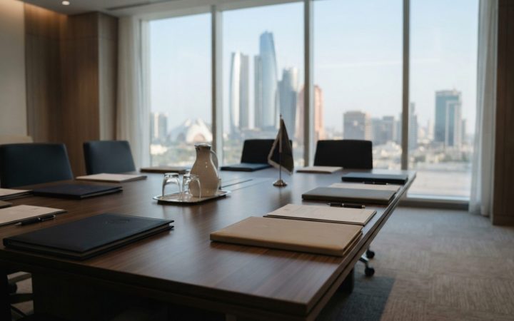 Illustration: A modern commercial conference room table with financial charts and official foreign investment dossier folders in a Middle Eastern mini