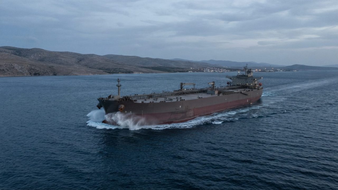 Illustration: A wide-angle realistic editorial photograph of a commercial crude oil supertanker sailing across deep blue water in a coastal strait at