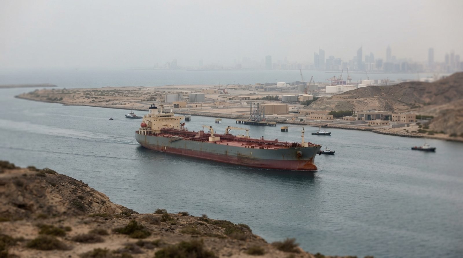 Illustration: A commercial crude oil tanker navigating through the calm waters of a narrow maritime strait under a hazy afternoon sky, editorial news