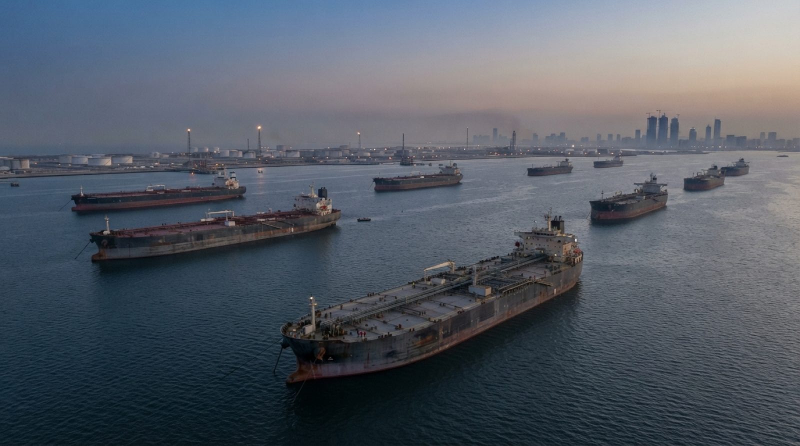 Illustration: Aerial view of large commercial oil tankers and crude carriers anchored offshore in calm deep water under an industrial dusk sky, showin