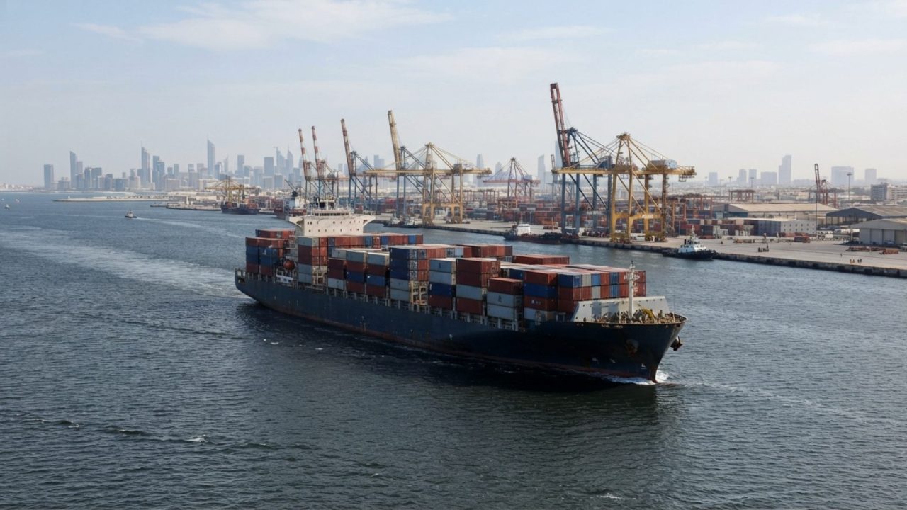 Illustration: A modern container cargo ship fully loaded with shipping containers navigating open waters near a busy commercial port with towering har