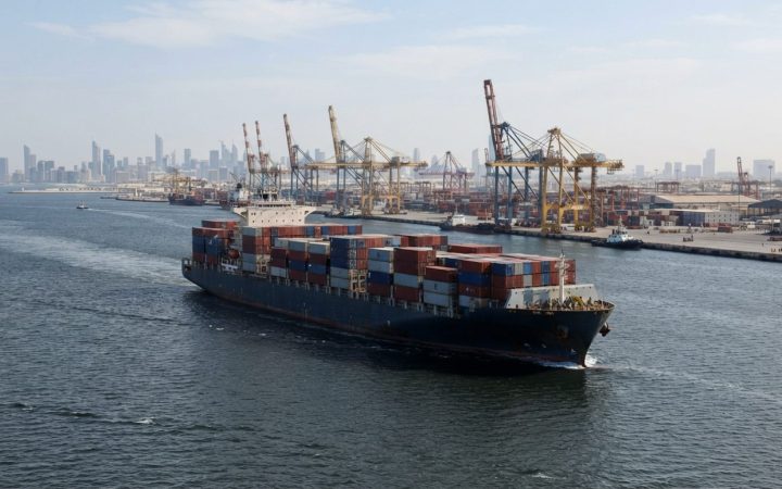 Illustration: A modern container cargo ship fully loaded with shipping containers navigating open waters near a busy commercial port with towering har