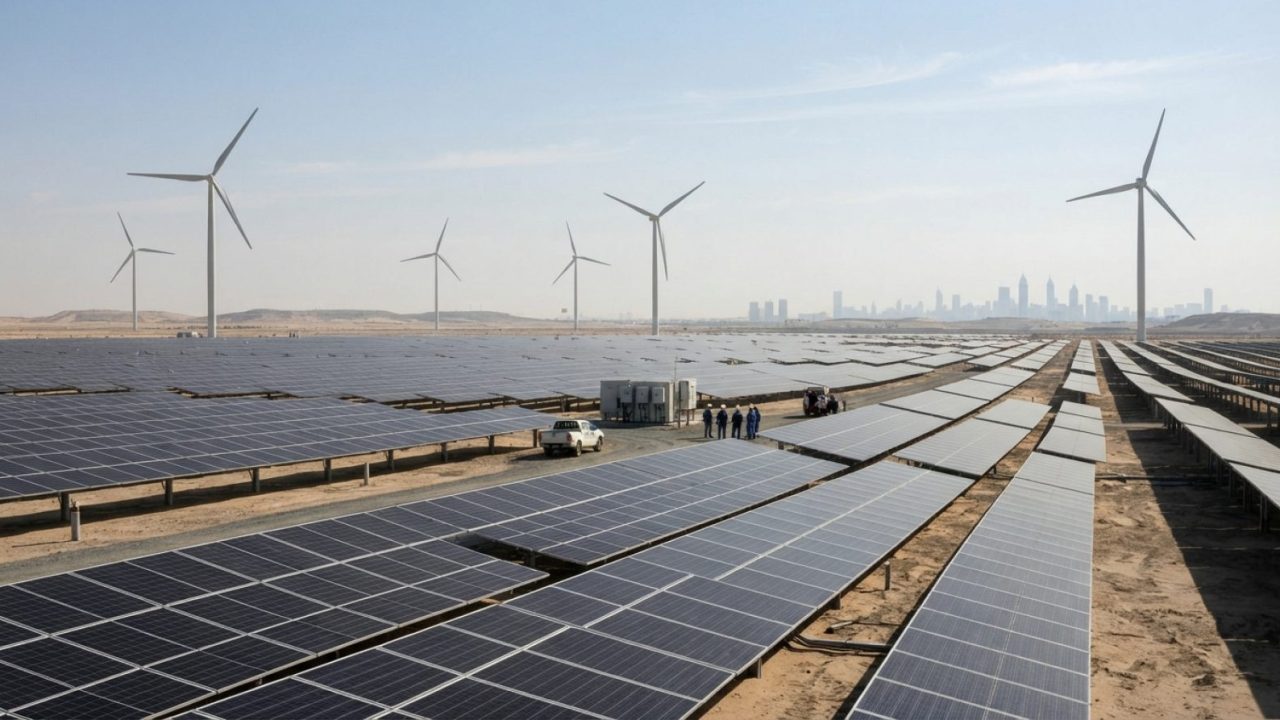 Illustration: A modern utility-scale solar photovoltaic array and large wind turbines set across open ground under bright sunlight and clear skies, ed