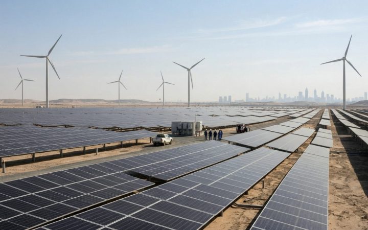 Illustration: A modern utility-scale solar photovoltaic array and large wind turbines set across open ground under bright sunlight and clear skies, ed