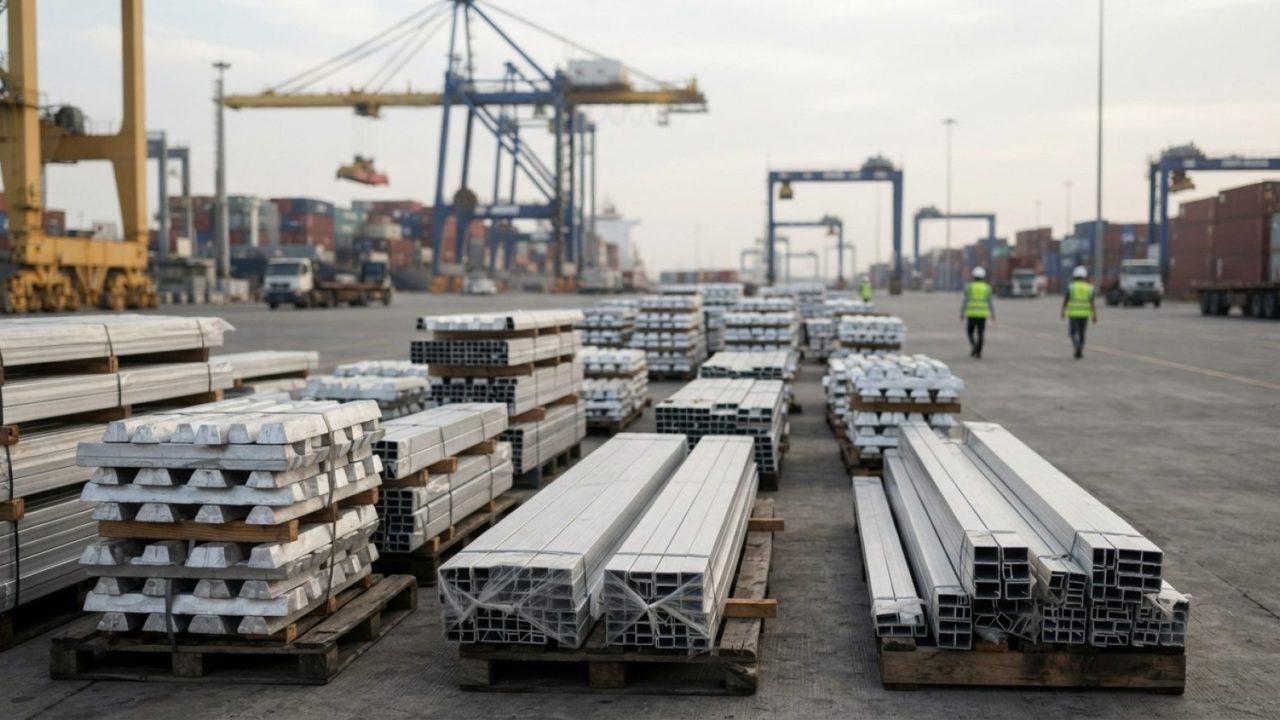 Illustration: Stacks of industrial aluminium ingots and extruded metal profiles resting on heavy wooden pallets at a modern maritime shipping terminal