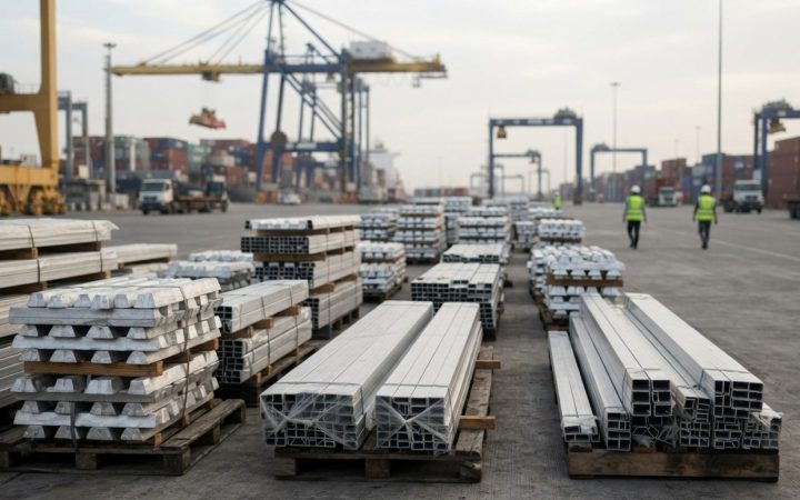Illustration: Stacks of industrial aluminium ingots and extruded metal profiles resting on heavy wooden pallets at a modern maritime shipping terminal