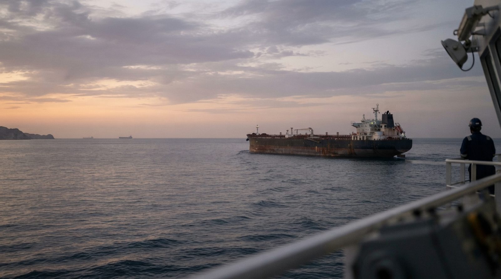 Illustration: A large commercial crude oil tanker navigating through open calm sea waters at dusk, viewed from a distance, realistic editorial style.
