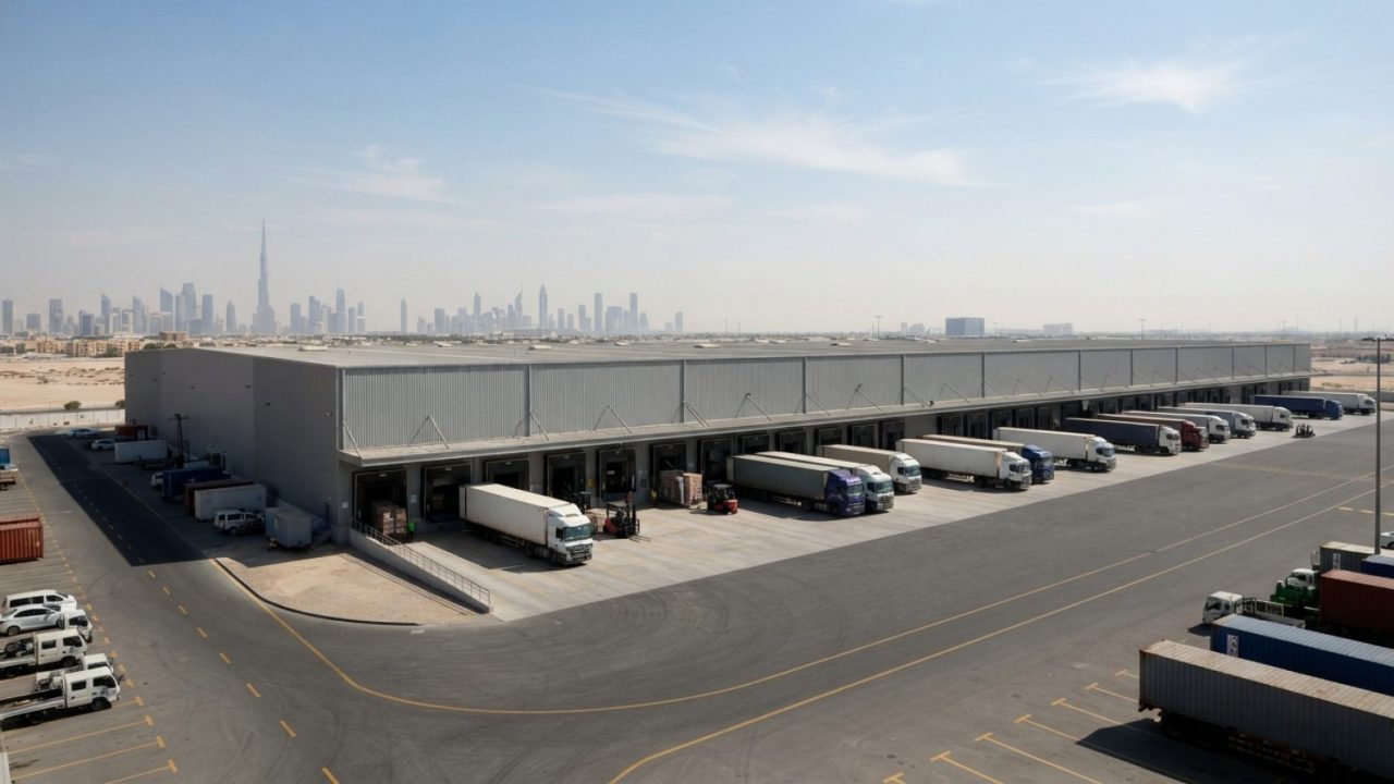Illustration: A modern, expansive logistics warehouse and distribution center in an industrial zone of Dubai, showing semi-trucks parked at loading ba