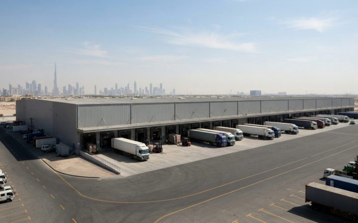 Illustration: A modern, expansive logistics warehouse and distribution center in an industrial zone of Dubai, showing semi-trucks parked at loading ba