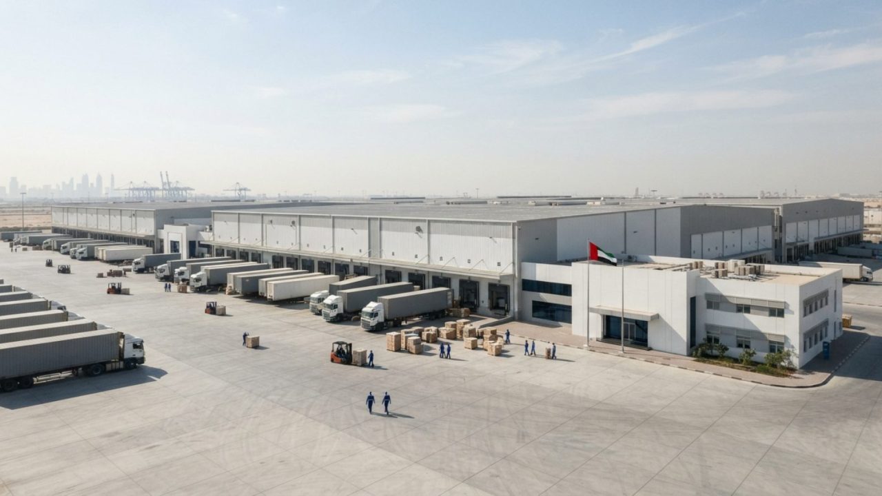 Illustration: Exterior shot of a vast, modern logistics and distribution warehouse complex under the bright desert sun near Dubai, with rows of loadin