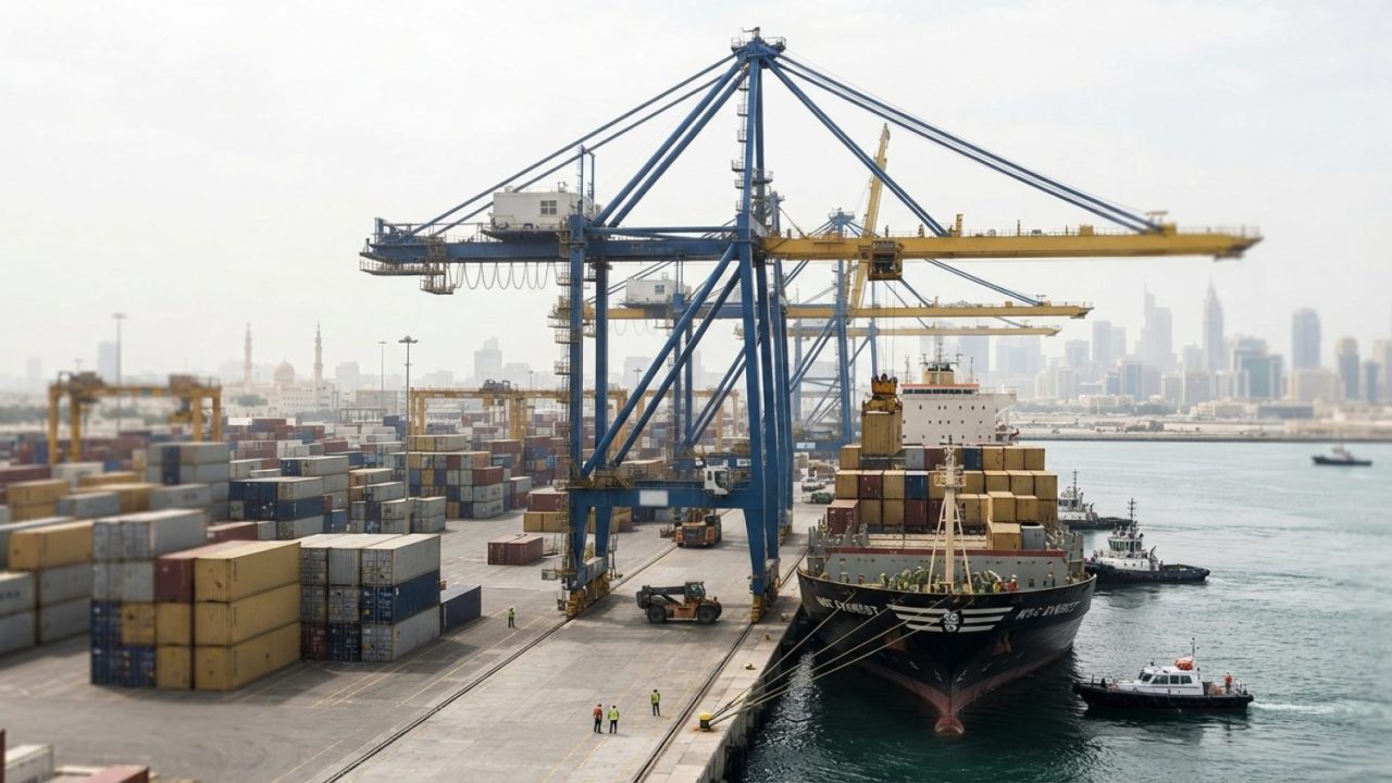 Illustration: A busy commercial container terminal with large gantry cranes loading a container vessel at a deepwater port during daylight, with stack