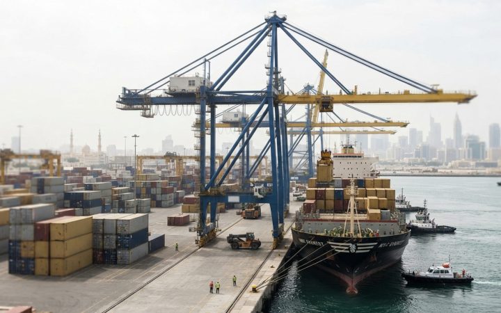 Illustration: A busy commercial container terminal with large gantry cranes loading a container vessel at a deepwater port during daylight, with stack