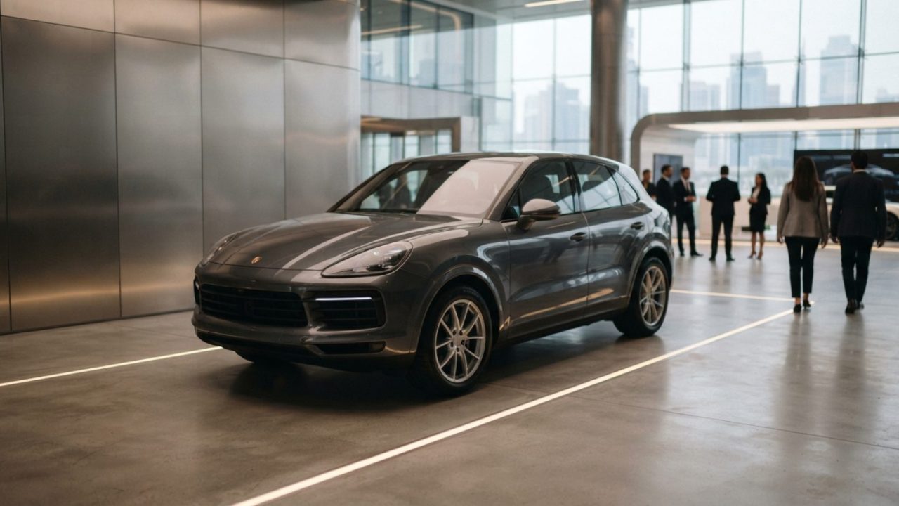 Illustration: A modern premium sports utility vehicle being showcased inside a bright, futuristic automotive design showroom with sleek floor lighting