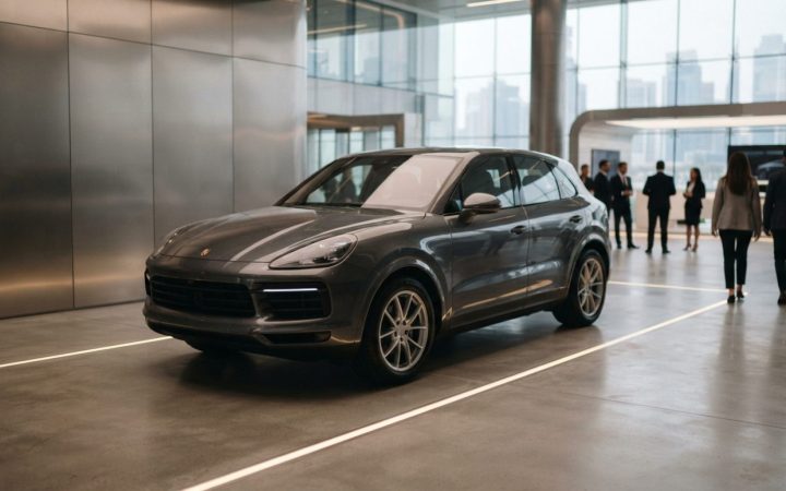 Illustration: A modern premium sports utility vehicle being showcased inside a bright, futuristic automotive design showroom with sleek floor lighting
