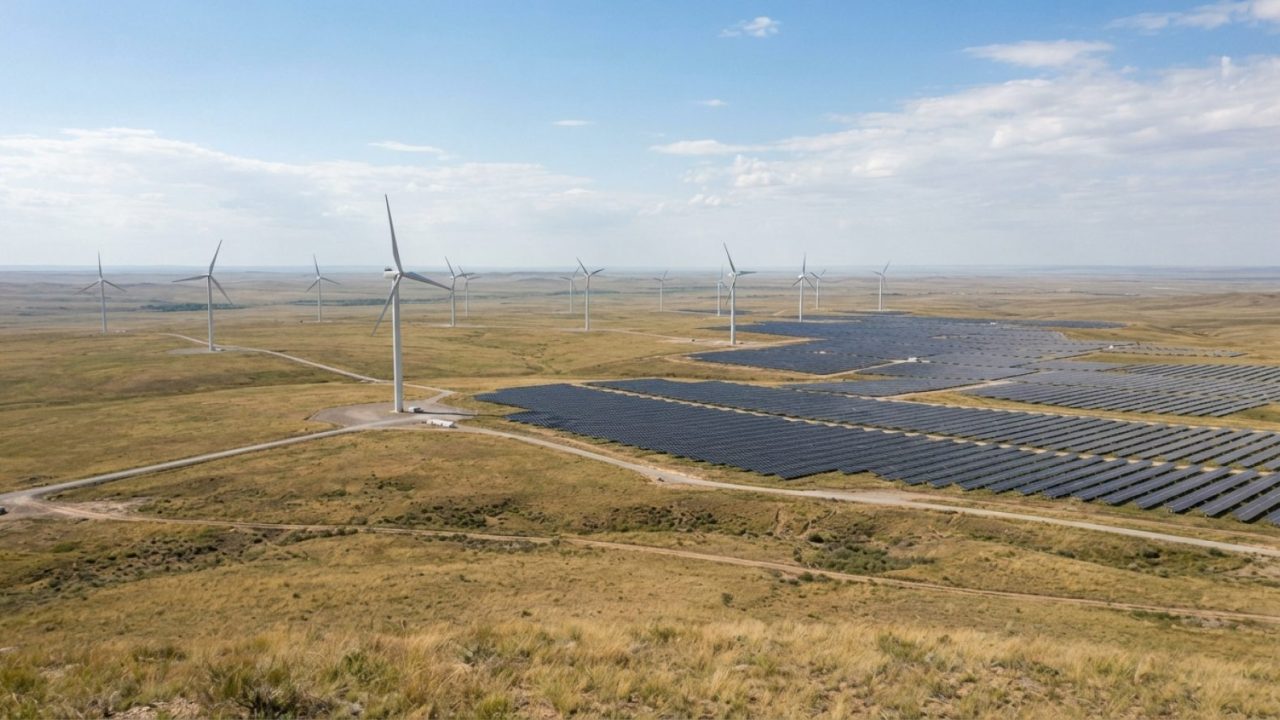 Illustration: A wide editorial shot of utility-scale wind turbines and solar panels installed across an open steppe grassland landscape under bright d