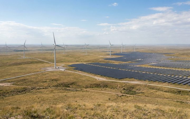 Illustration: A wide editorial shot of utility-scale wind turbines and solar panels installed across an open steppe grassland landscape under bright d