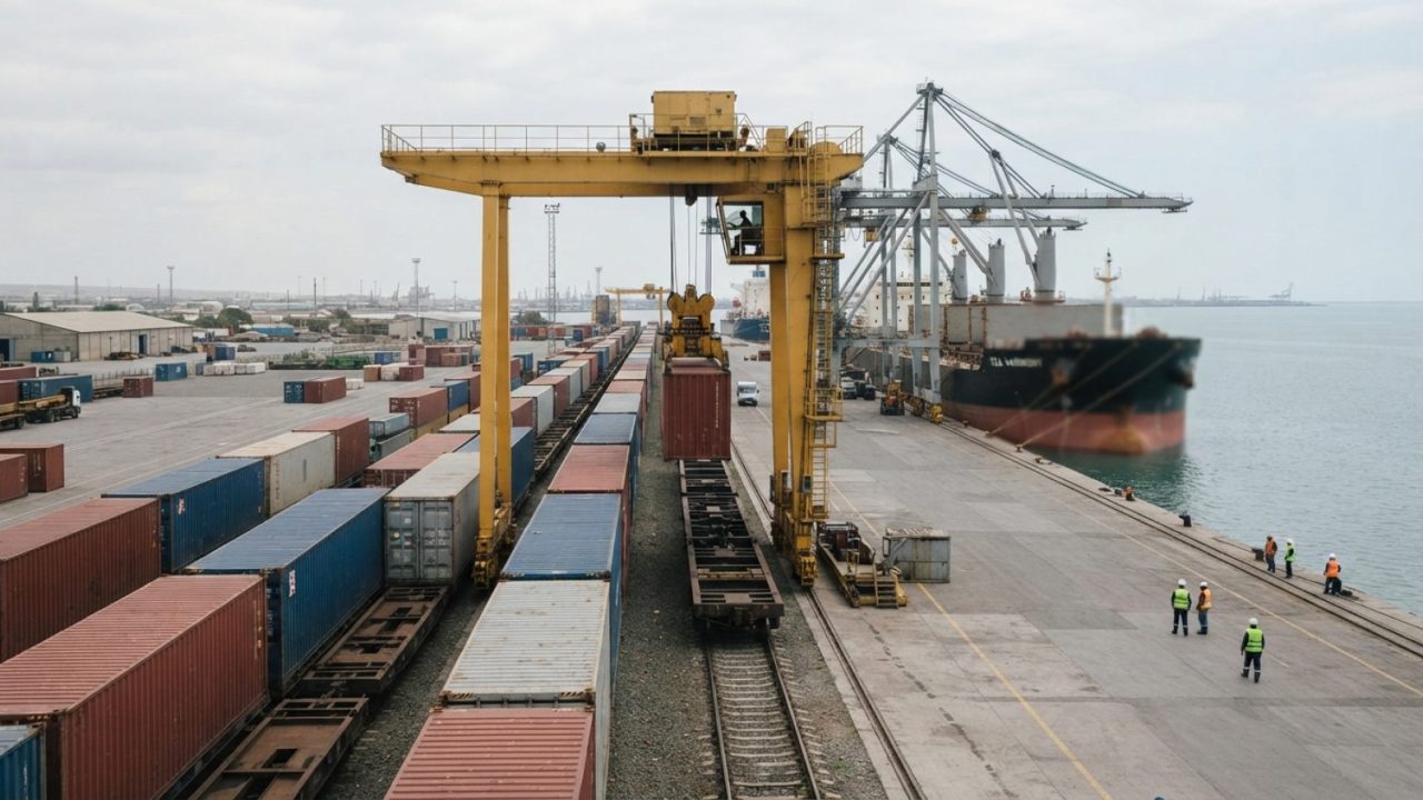 Illustration: A modern intermodal freight transshipment terminal near a Caspian Sea port, featuring rows of cargo containers on rail flatcars, heavy g