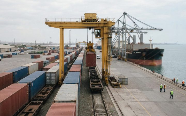Illustration: A modern intermodal freight transshipment terminal near a Caspian Sea port, featuring rows of cargo containers on rail flatcars, heavy g