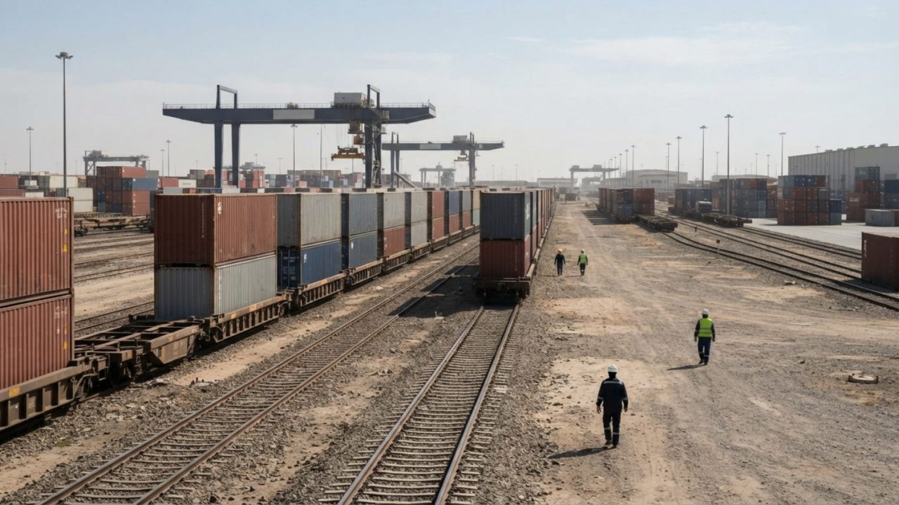 Illustration: A wide freight railway yard with intermodal cargo containers loaded onto flatbed trains along steel tracks in a dry inland logistics ter