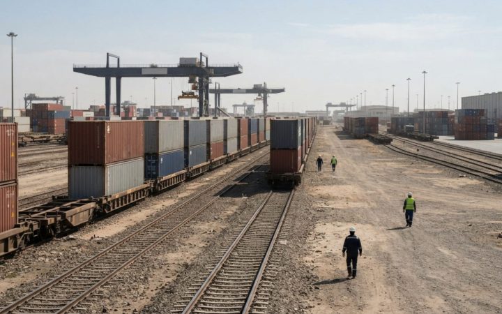 Illustration: A wide freight railway yard with intermodal cargo containers loaded onto flatbed trains along steel tracks in a dry inland logistics ter