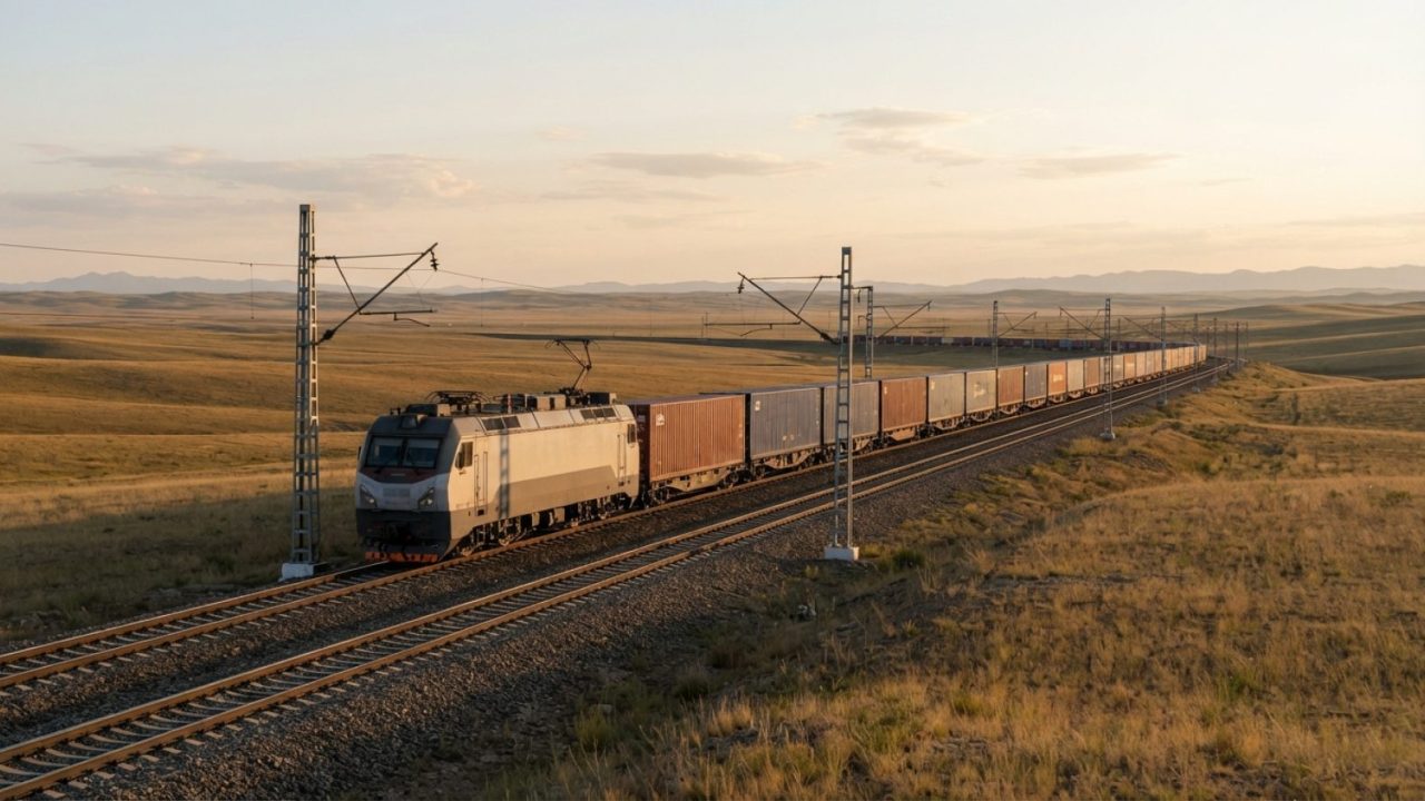 Illustration: Editorial photograph of intermodal cargo freight train tracks traversing a vast Central Asian steppe landscape at golden hour, with ship