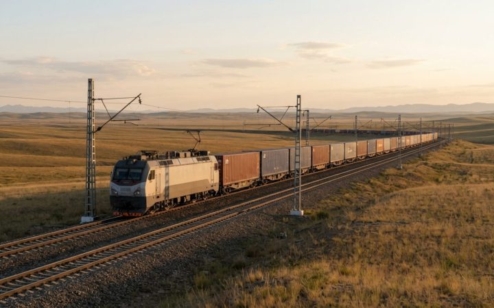 Illustration: Editorial photograph of intermodal cargo freight train tracks traversing a vast Central Asian steppe landscape at golden hour, with ship