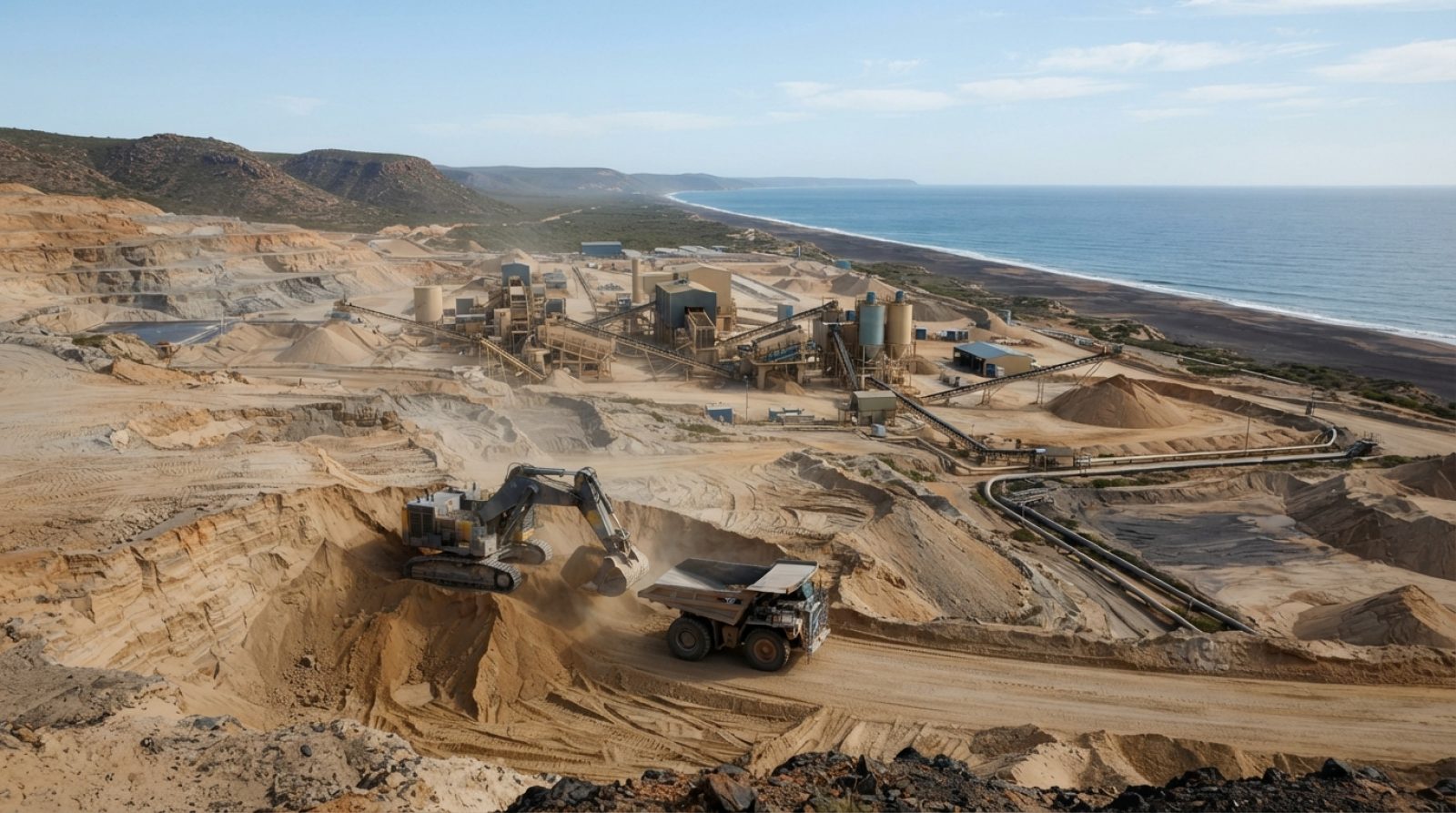 Illustration: A realistic wide-angle view of a coastal mineral sand open-pit mining operation, showing heavy excavation equipment and sand processing