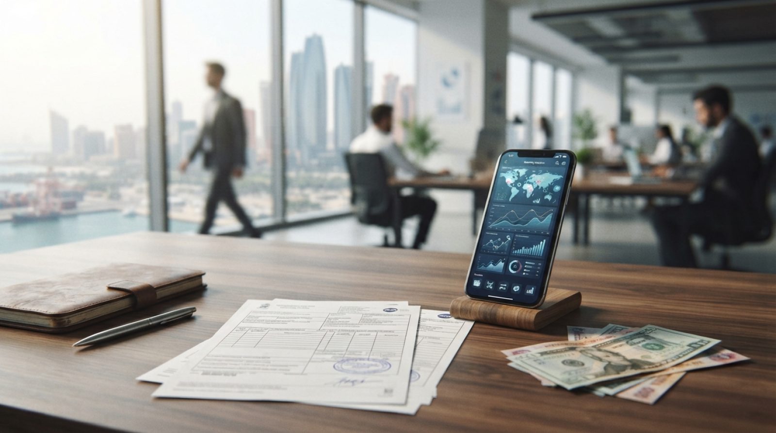 Illustration: Editorial news photograph showing a neat wooden desk in a modern export trading office, featuring a smartphone displaying digital paymen