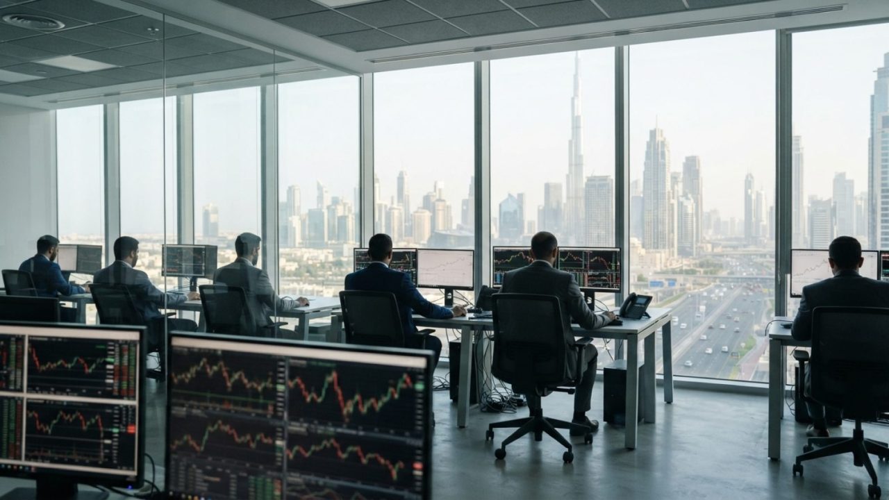 Illustration: Editorial news photograph of a modern financial trading desk inside a high-rise office in Dubai, displaying multi-screen digital market