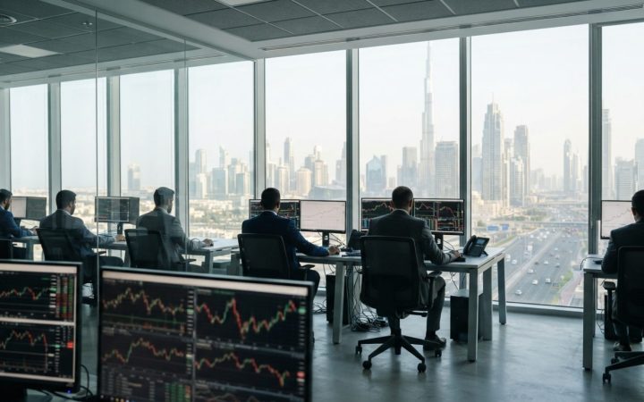 Illustration: Editorial news photograph of a modern financial trading desk inside a high-rise office in Dubai, displaying multi-screen digital market