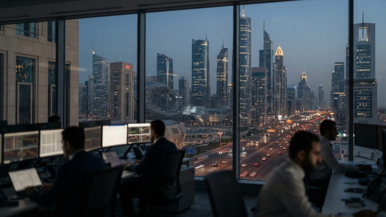 Illustration: Modern financial district in Dubai featuring high-rise commercial office towers and trading desks visible through glass windows at dusk,