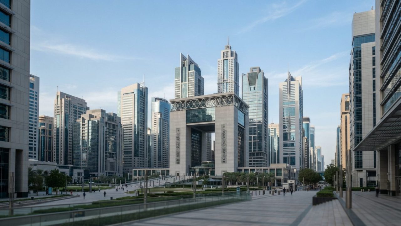 Illustration: A modern financial district in Dubai featuring geometric glass skyscrapers under a clear daylight sky, wide architectural editorial view