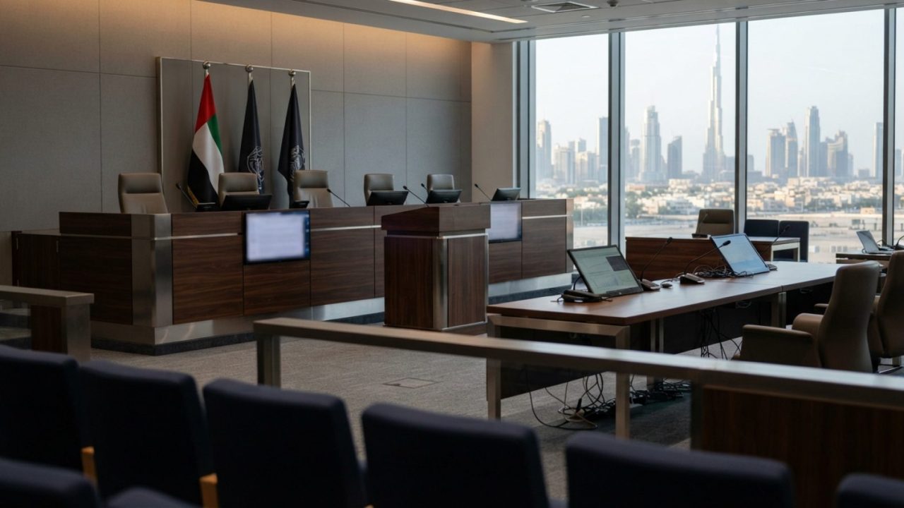 Illustration: A modern moot courtroom in Dubai with digital displays showing legal transcripts and trial simulations, wooden judge bench, and contempo