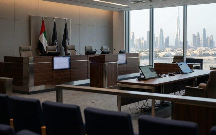 Illustration: A modern moot courtroom in Dubai with digital displays showing legal transcripts and trial simulations, wooden judge bench, and contempo