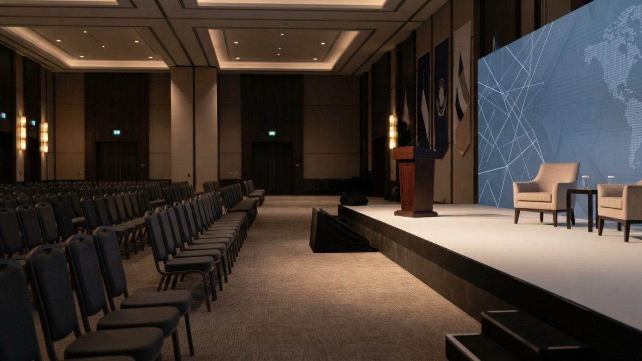 Illustration: An empty modern corporate conference hall and stage in Dubai set up for an international bilateral business forum, featuring ambient war