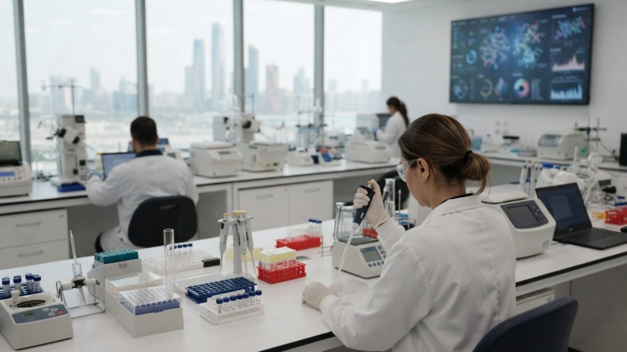Illustration: A modern, bright biotechnology laboratory with advanced diagnostic instruments, digital molecular visualization screens on the wall, and