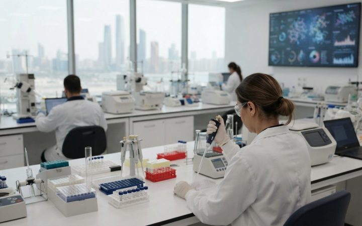 Illustration: A modern, bright biotechnology laboratory with advanced diagnostic instruments, digital molecular visualization screens on the wall, and