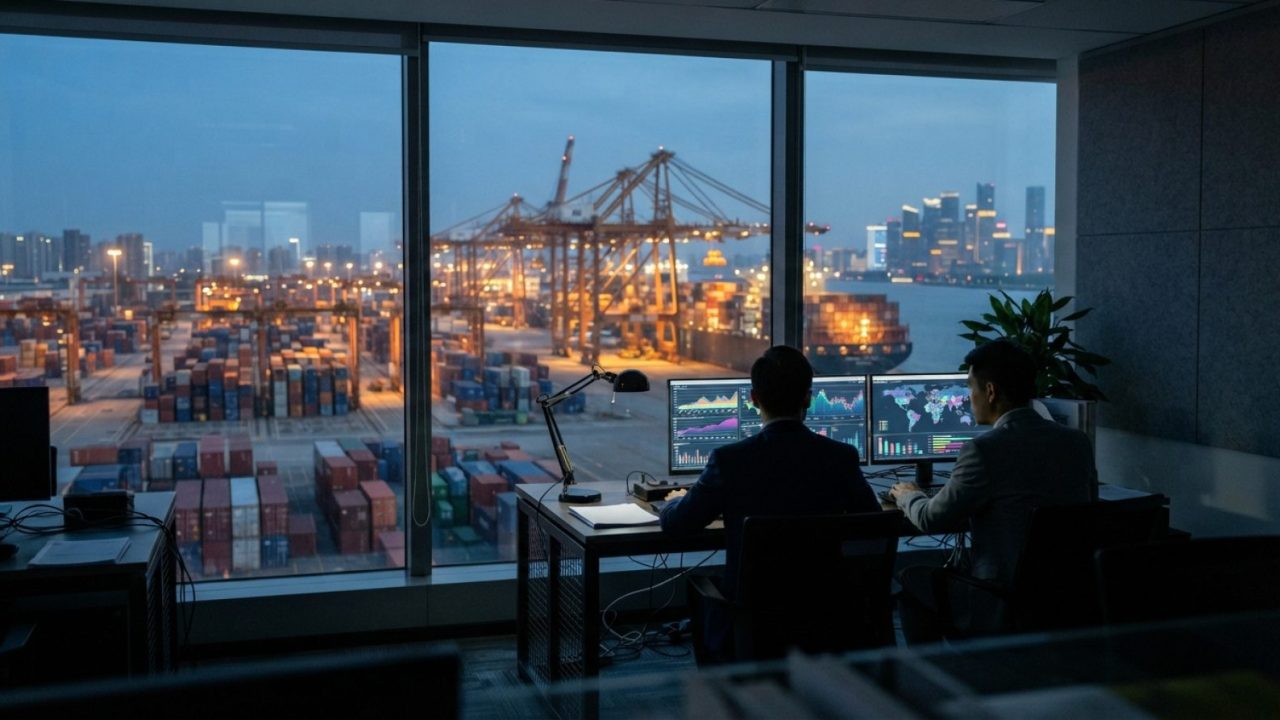 Illustration: A modern trade finance and shipping office in Shanghai overlooking a bustling container port terminal at dusk, with digital analytical c