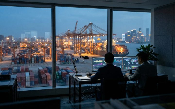 Illustration: A modern trade finance and shipping office in Shanghai overlooking a bustling container port terminal at dusk, with digital analytical c