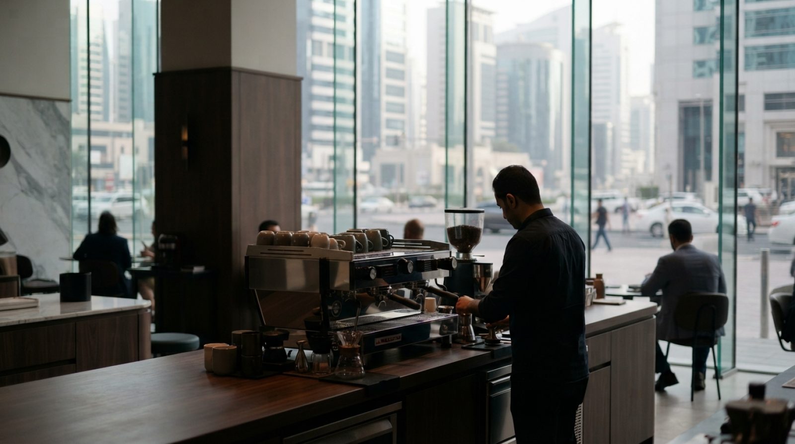 Illustration: A modern, upscale coffee shop interior with sleek wooden counters, an espresso machine, and large glass windows overlooking a bustling u
