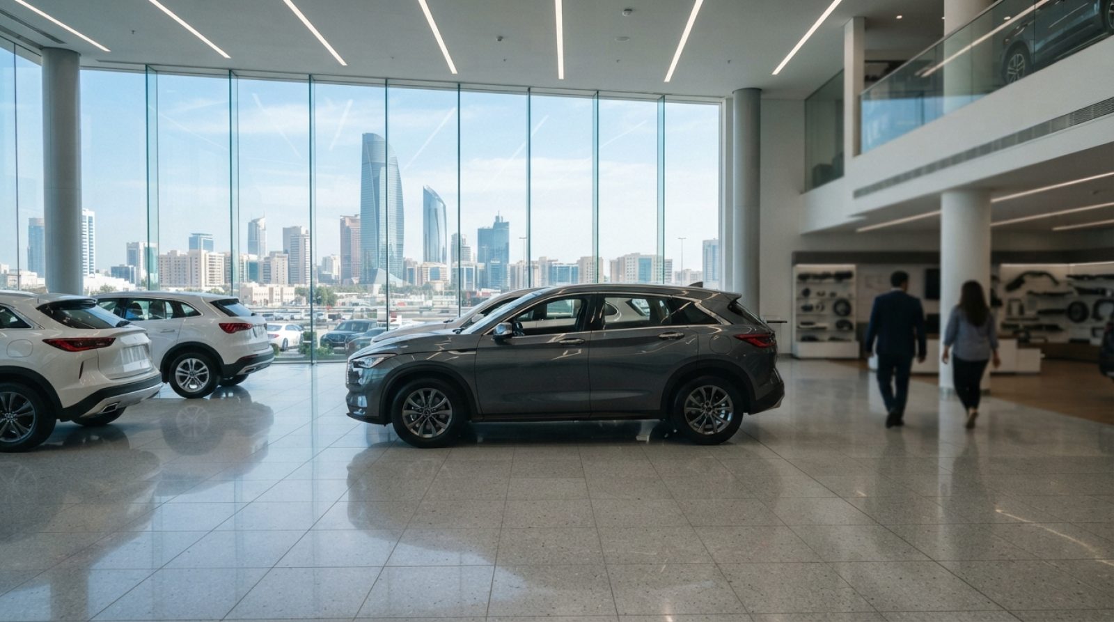 Illustration: A modern, bright car dealership showroom interior in Abu Dhabi, displaying contemporary crossover utility vehicles on polished light gre