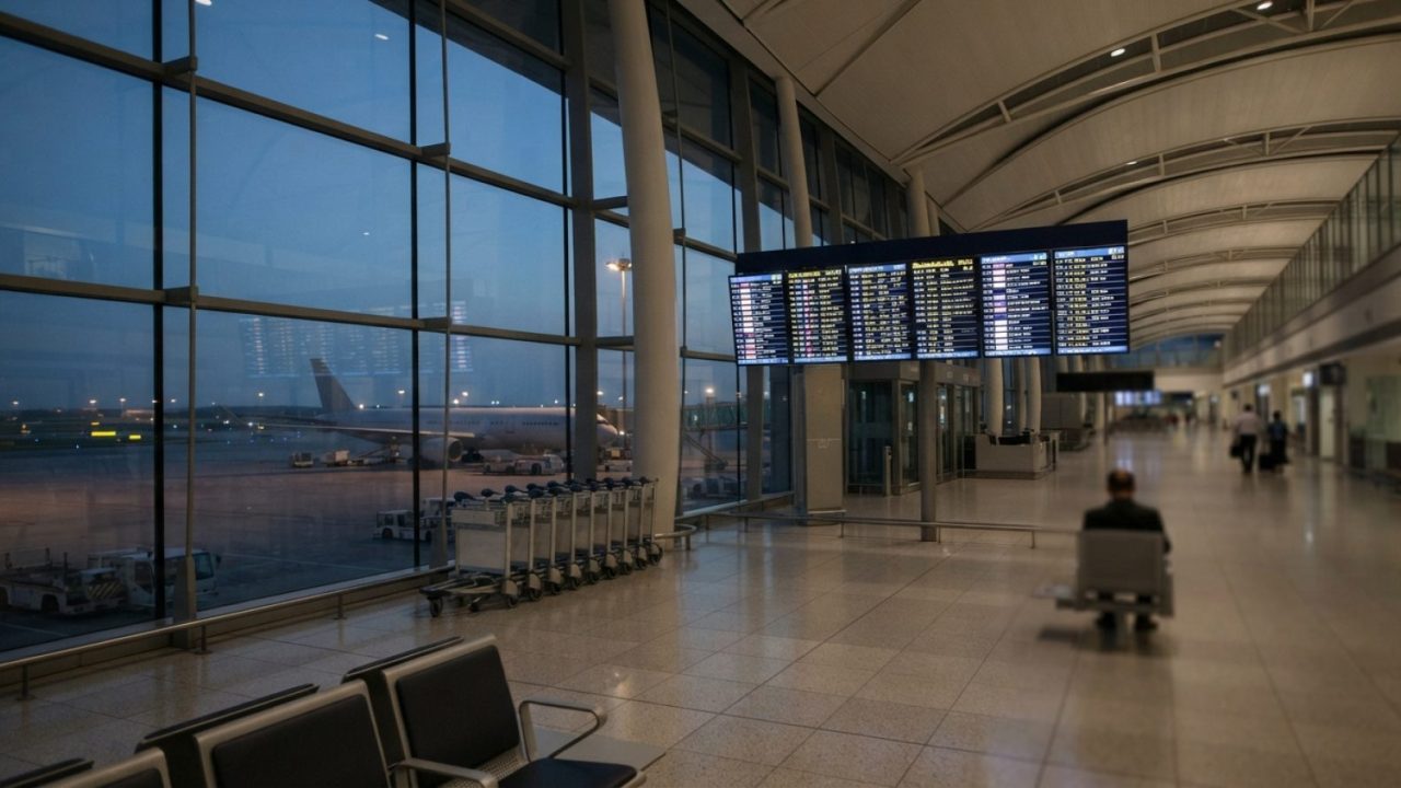 Illustration: An empty international airport departure hall with electronic flight status boards showing regional routes, luggage trolleys standing id