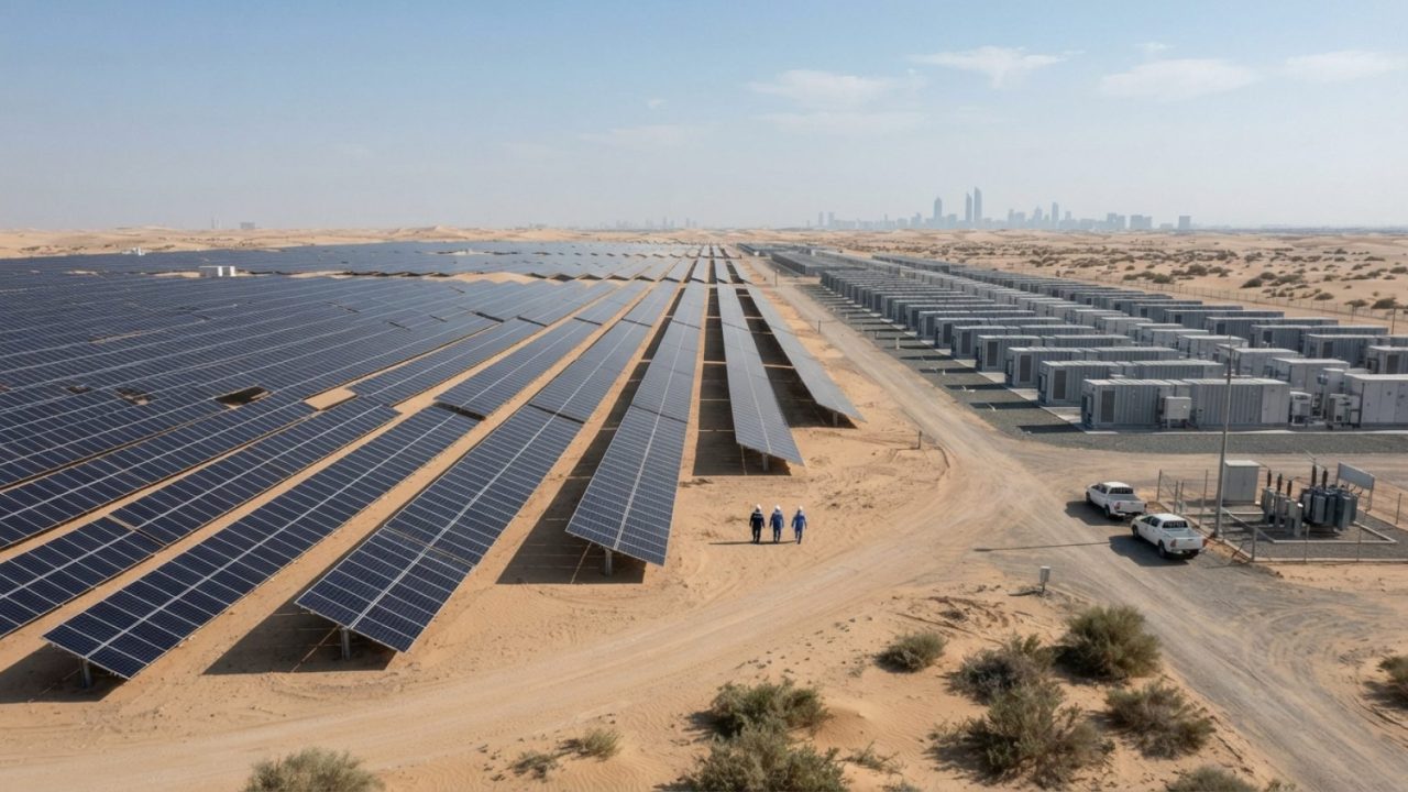 Illustration: A wide-angle editorial shot of vast desert solar photovoltaic arrays alongside rows of utility-scale battery energy storage units in the
