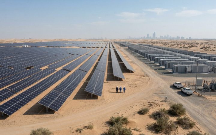 Illustration: A wide-angle editorial shot of vast desert solar photovoltaic arrays alongside rows of utility-scale battery energy storage units in the