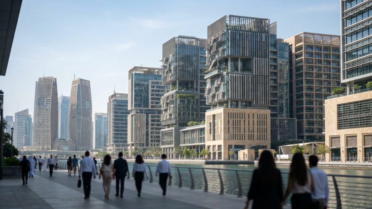 插图：阿布扎比商业区内融合可持续建筑设计与遮阳设施的现代环保商业建筑 unde