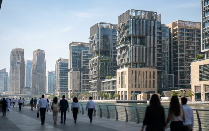 Illustration: Modern eco-friendly commercial buildings with sustainable architecture and solar shading features in an Abu Dhabi business district unde
