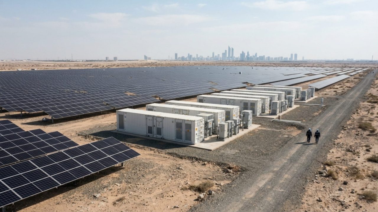 Illustration: Rows of utility-scale photovoltaic solar panels and industrial containerized battery energy storage units installed across an arid stepp