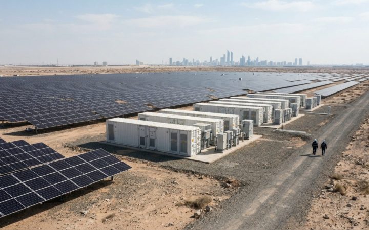 Illustration: Rows of utility-scale photovoltaic solar panels and industrial containerized battery energy storage units installed across an arid stepp