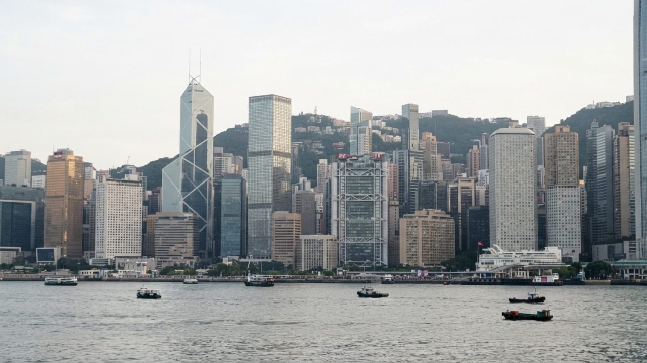 Illustration: Hong Kong's Central financial district skyline featuring modern glass high-rise bank towers bathed in soft daylight, shot from Victoria